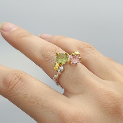 925 Sterling Silver Pink Green Tourmaline Ring, close-up detail