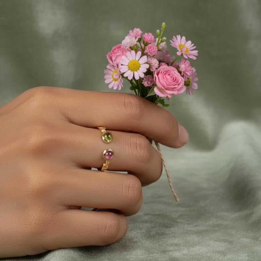 925 Sterling Silver Pink Green Tourmaline Ring, side view