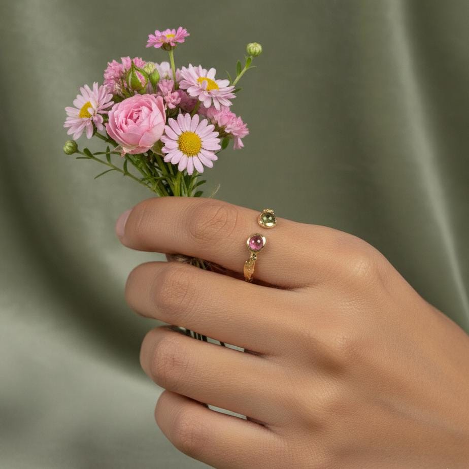 925 Sterling Silver Pink Green Tourmaline Ring, worn on hand