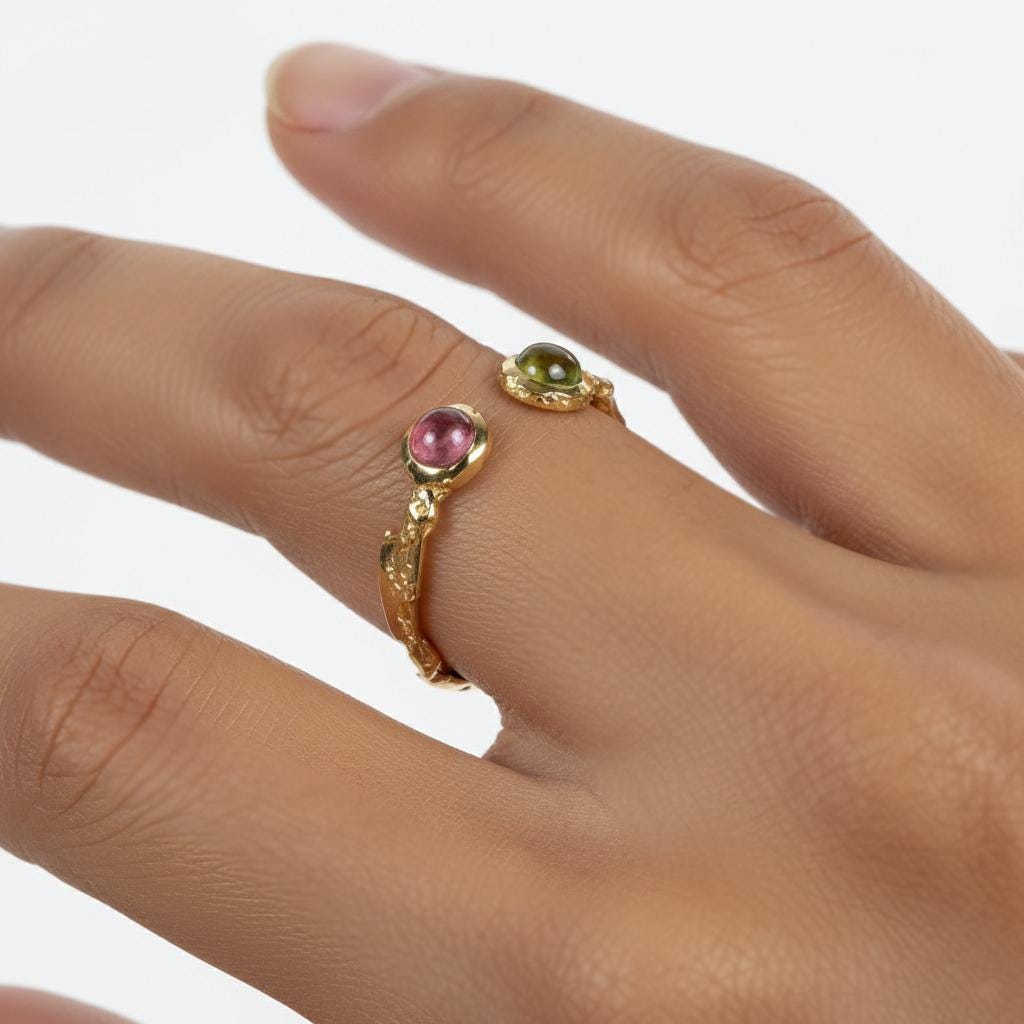 925 Sterling Silver Pink Green Tourmaline Ring, setting detail