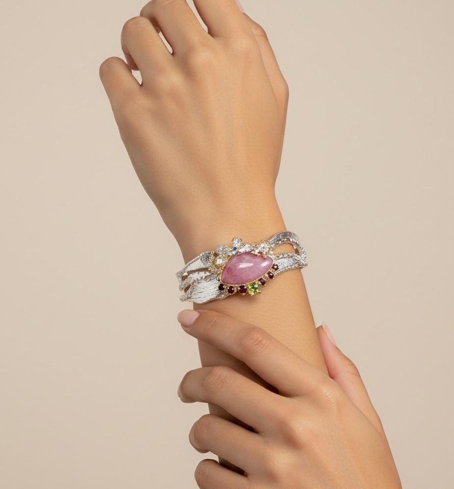 925 Sterling Silver Pink Ruby Bracelet, link or setting detail