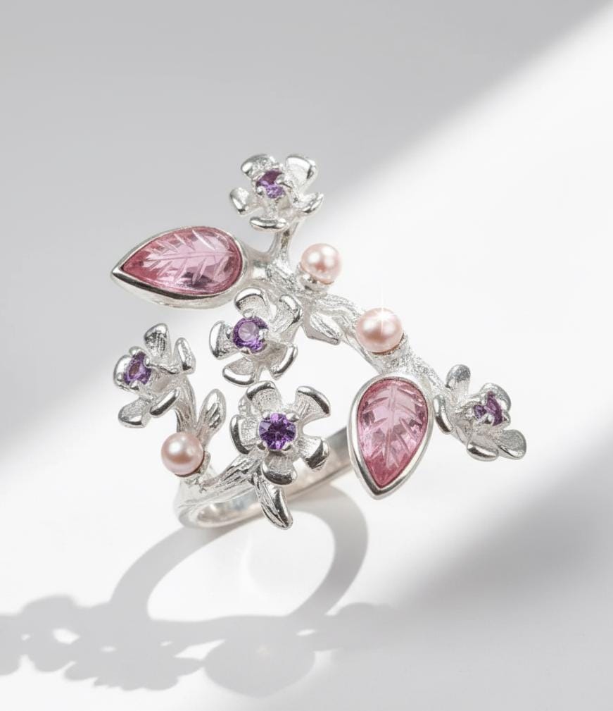 925 Sterling Silver Pink Tourmaline Ring, close-up detail