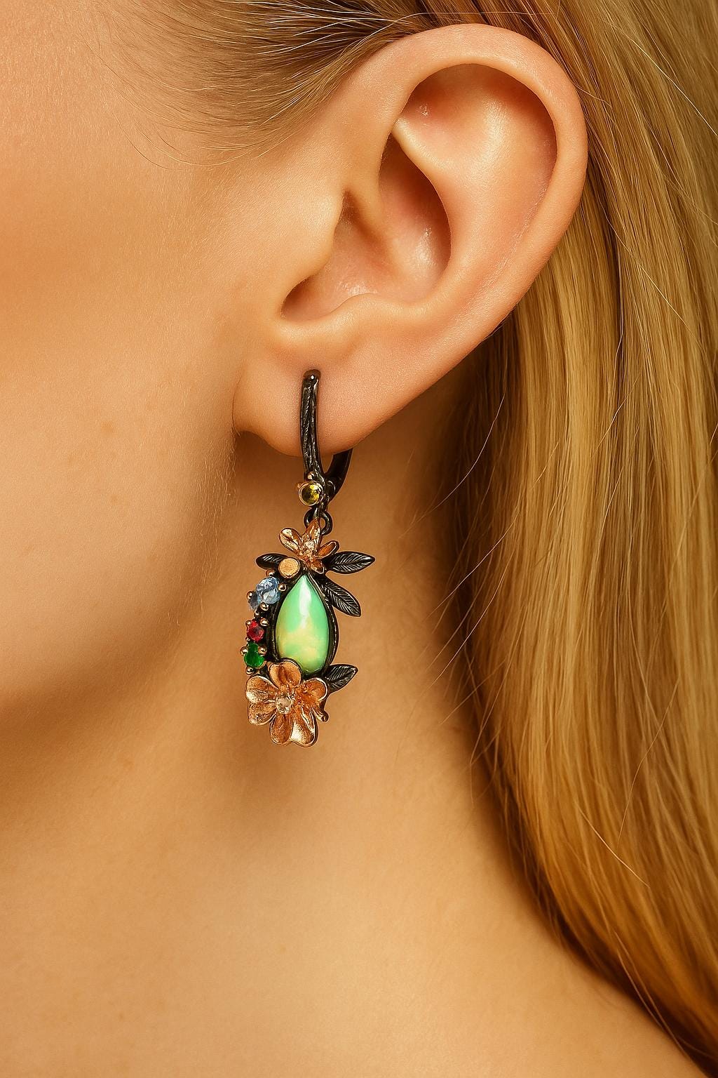 925 Sterling Silver Rainbow Fire Opal Earrings, close-up detail