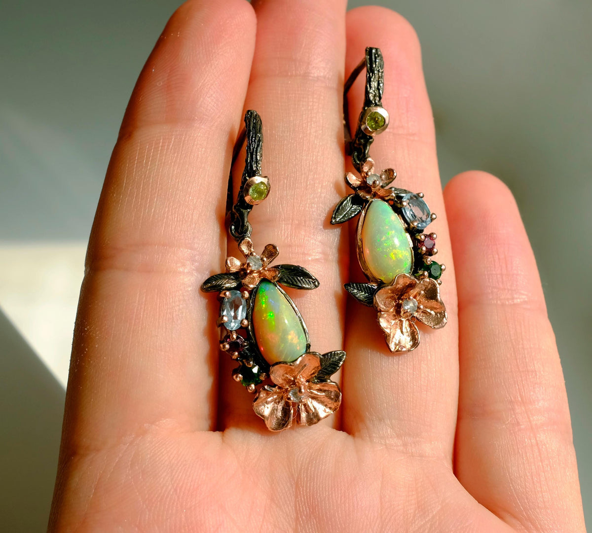 925 Sterling Silver Rainbow Fire Opal Earrings, worn view