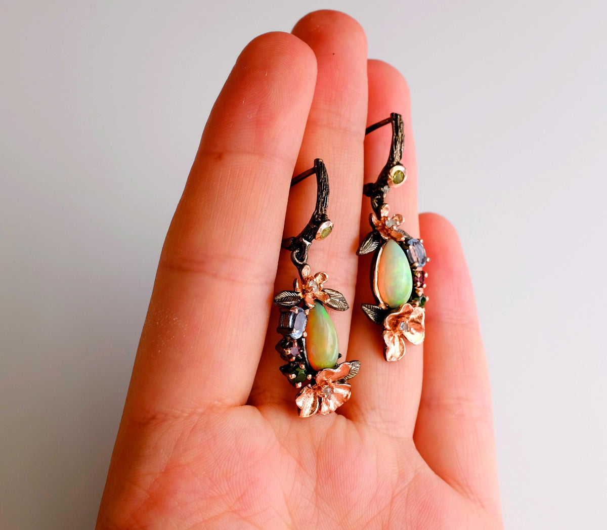 925 Sterling Silver Rainbow Fire Opal Earrings, side angle