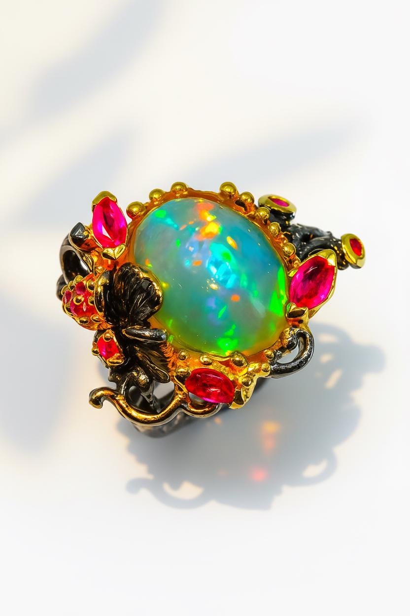925 Sterling Silver Rainbow Fire Opal Ring, close-up detail, image 12
