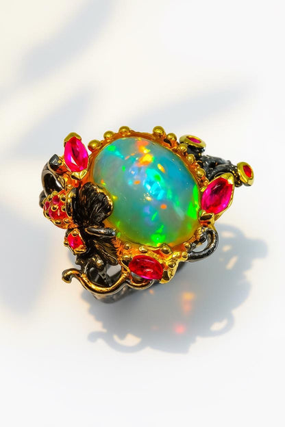925 Sterling Silver Rainbow Fire Opal Ring, close-up detail, image 12