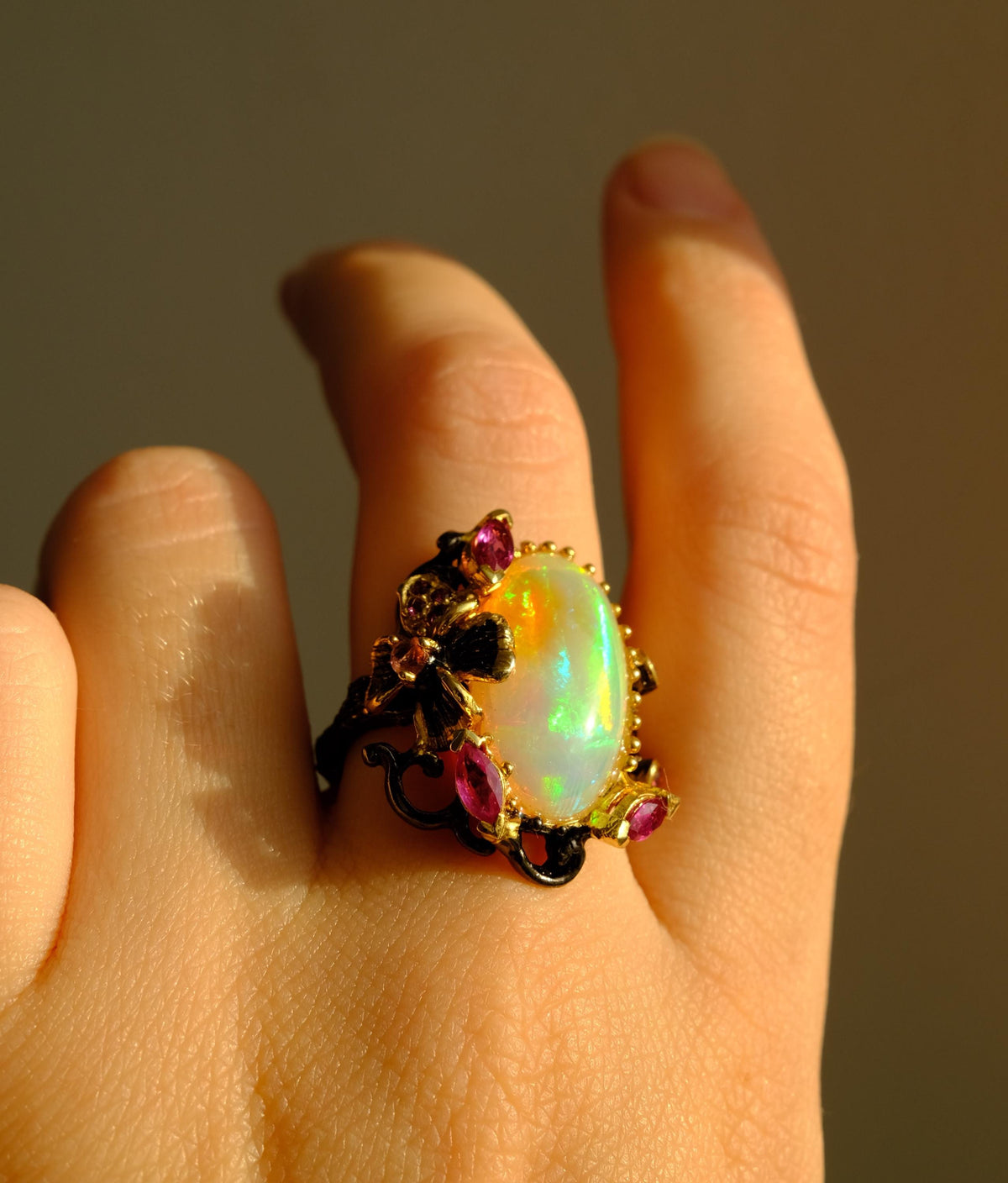 925 Sterling Silver Rainbow Fire Opal Ring, close-up detail