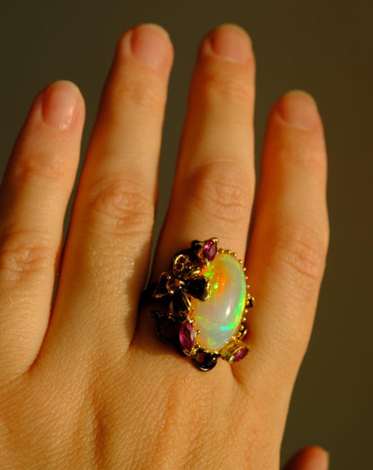 925 Sterling Silver Rainbow Fire Opal Ring, side view