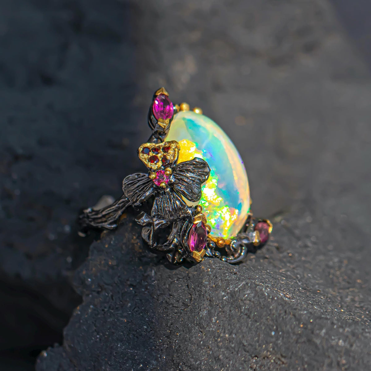925 Sterling Silver Rainbow Fire Opal Ring, additional angle