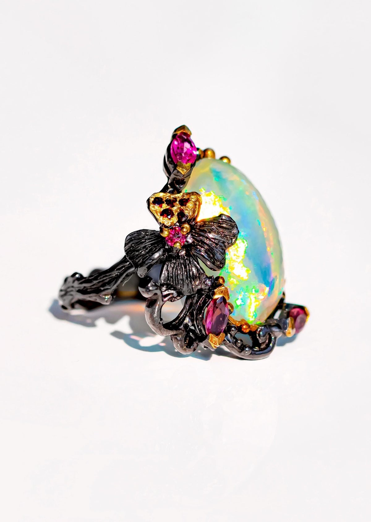 925 Sterling Silver Rainbow Fire Opal Ring, band detail