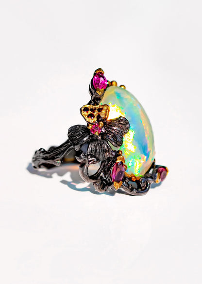925 Sterling Silver Rainbow Fire Opal Ring, band detail