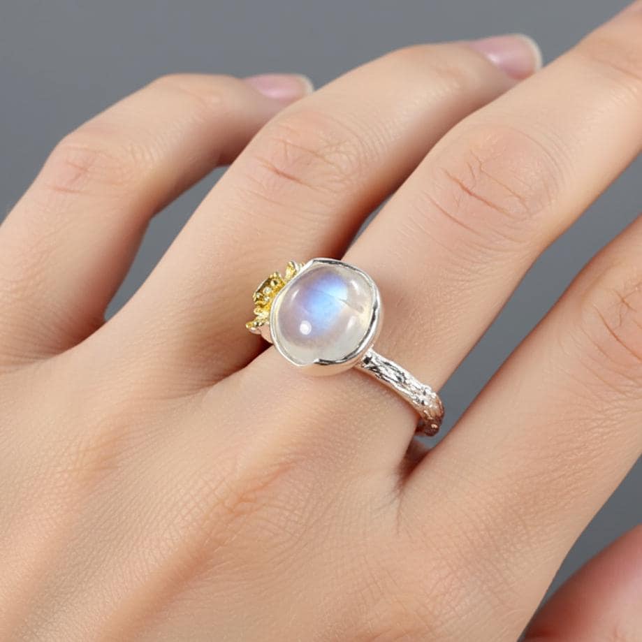 925 Sterling Silver Rainbow Moonstone Ring, worn on hand