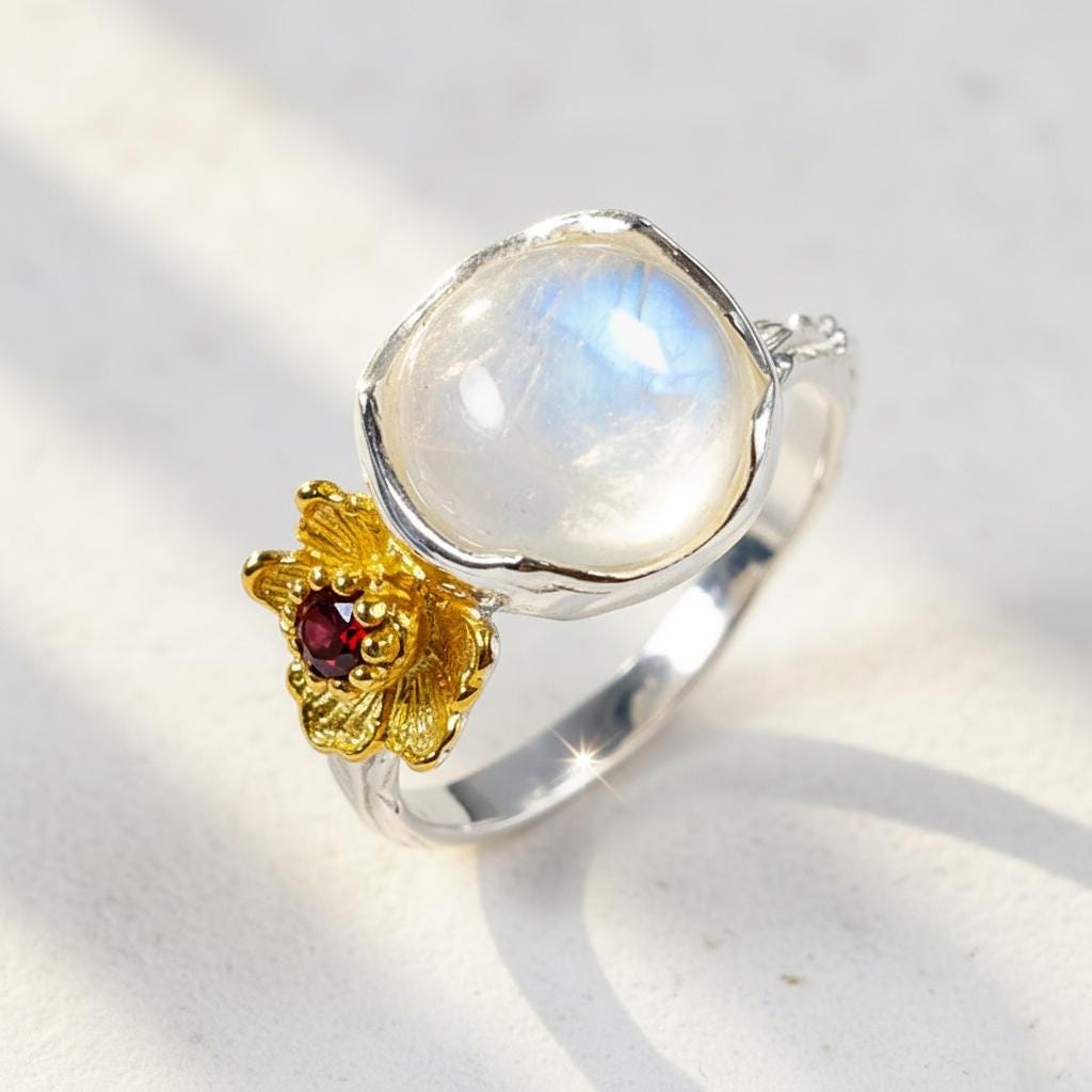 925 Sterling Silver Rainbow Moonstone Ring, additional angle