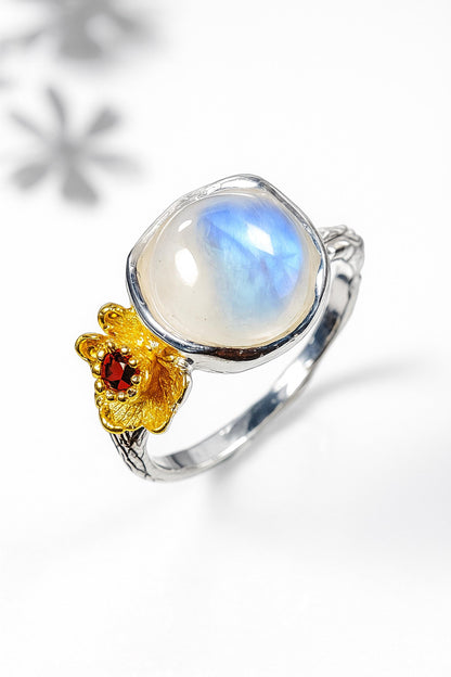 925 Sterling Silver Rainbow Moonstone Ring, worn look