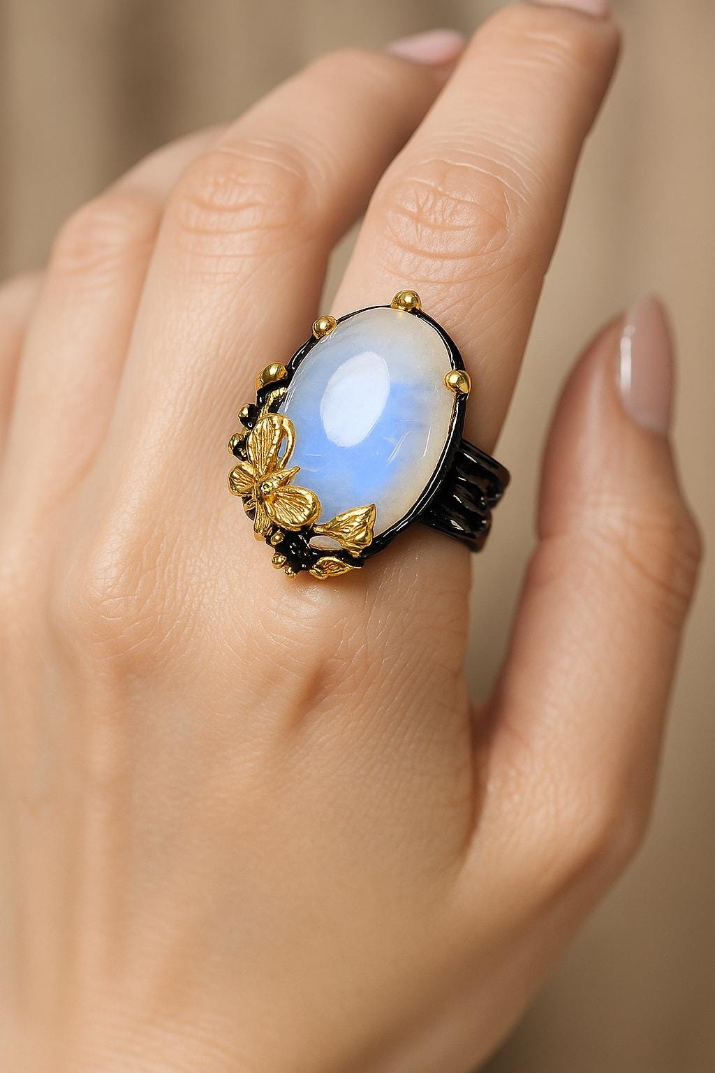925 Sterling Silver Rainbow Moonstone Ring, side view