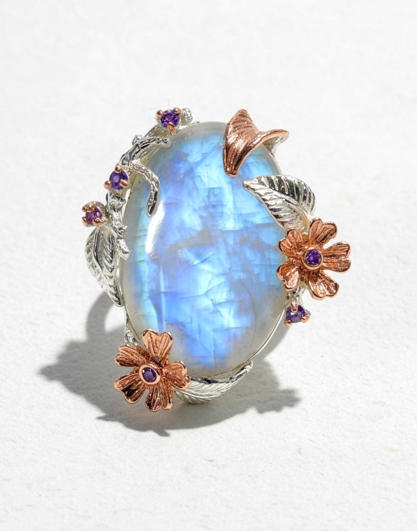 925 Sterling Silver Rainbow Moonstone Ring, worn on hand