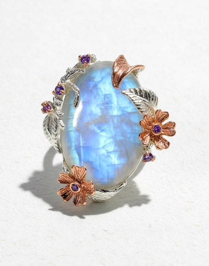 925 Sterling Silver Rainbow Moonstone Ring, worn on hand