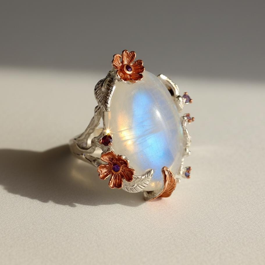 925 Sterling Silver Rainbow Moonstone Ring, setting detail