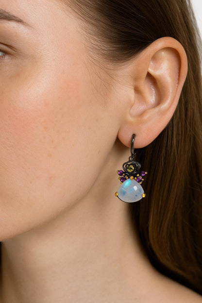 925 Sterling Silver Rainbow Moonstone Earrings, worn view