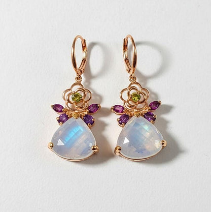 925 Sterling Silver Rainbow Moonstone Earrings, worn look