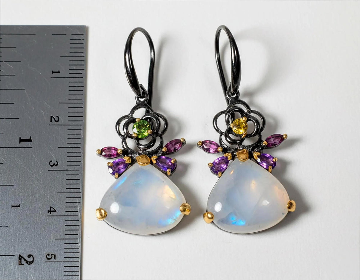 925 Sterling Silver Rainbow Moonstone Earrings, back or hook detail