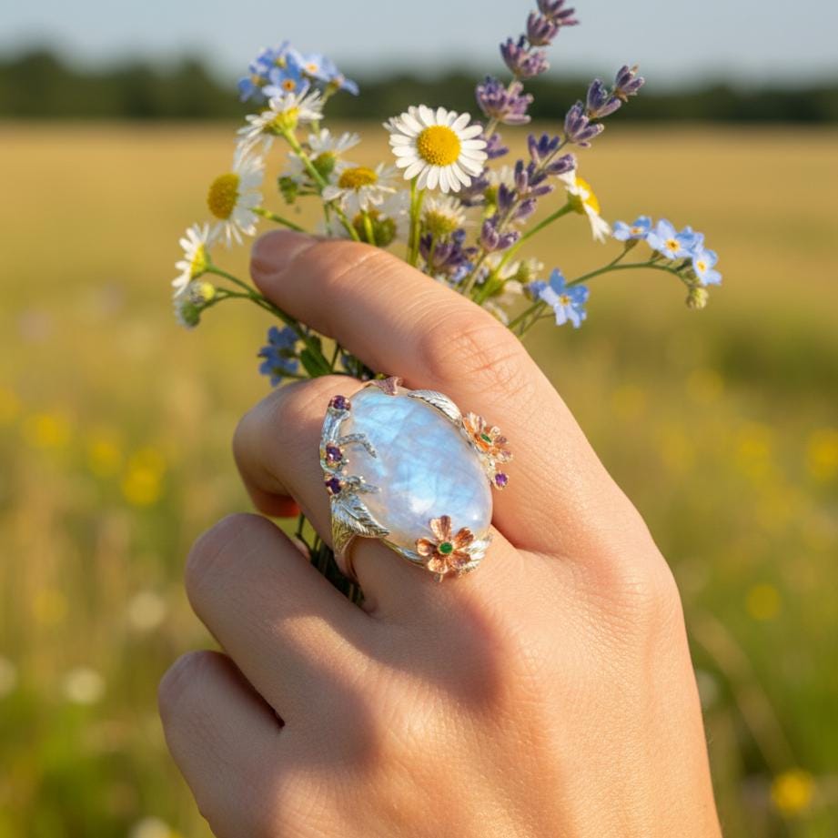 925 Sterling Silver Rainbow Moonstone Ring, close-up detail