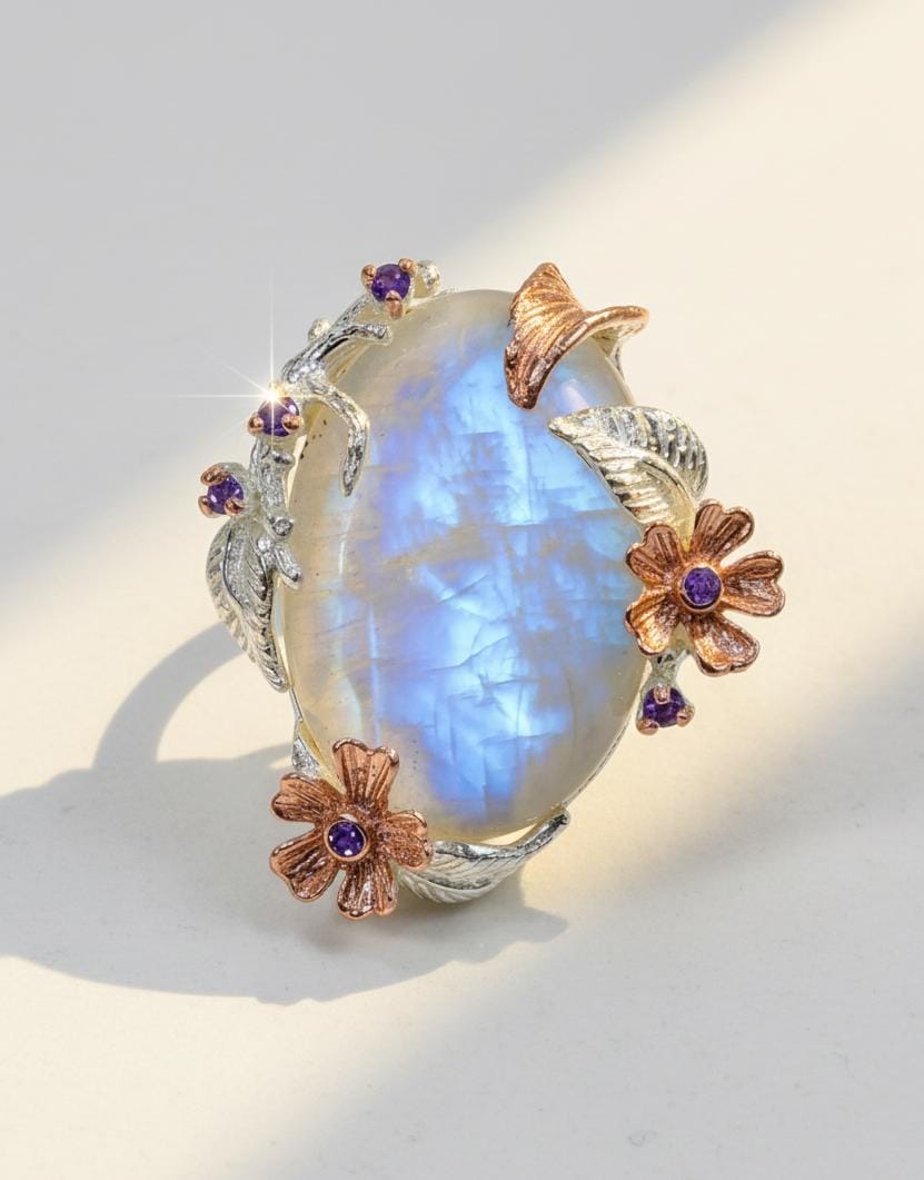 925 Sterling Silver Rainbow Moonstone Ring, worn on hand