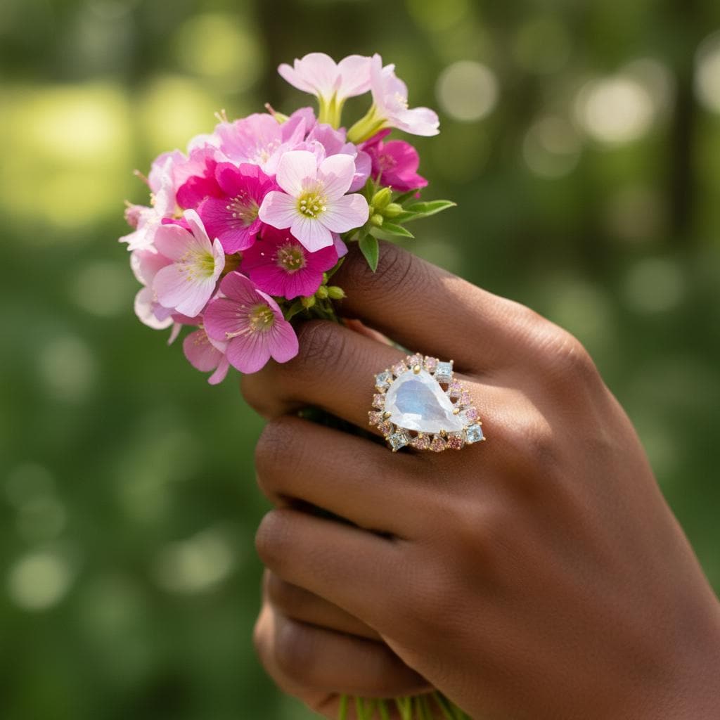 925 Sterling Silver Rainbow Moonstone Ring, alternate angle
