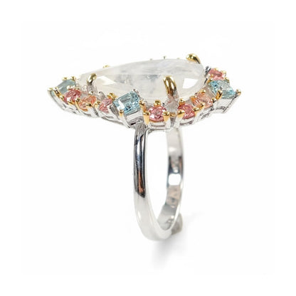 925 Sterling Silver Rainbow Moonstone Ring, worn on hand