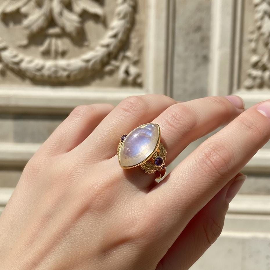925 Sterling Silver Rainbow Moonstone Ring, close-up detail
