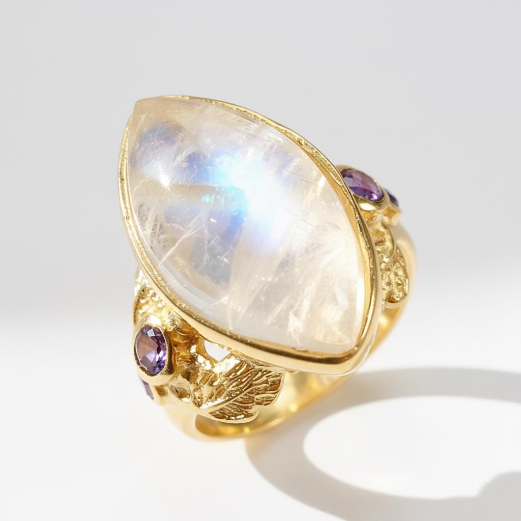 925 Sterling Silver Rainbow Moonstone Ring, worn on hand