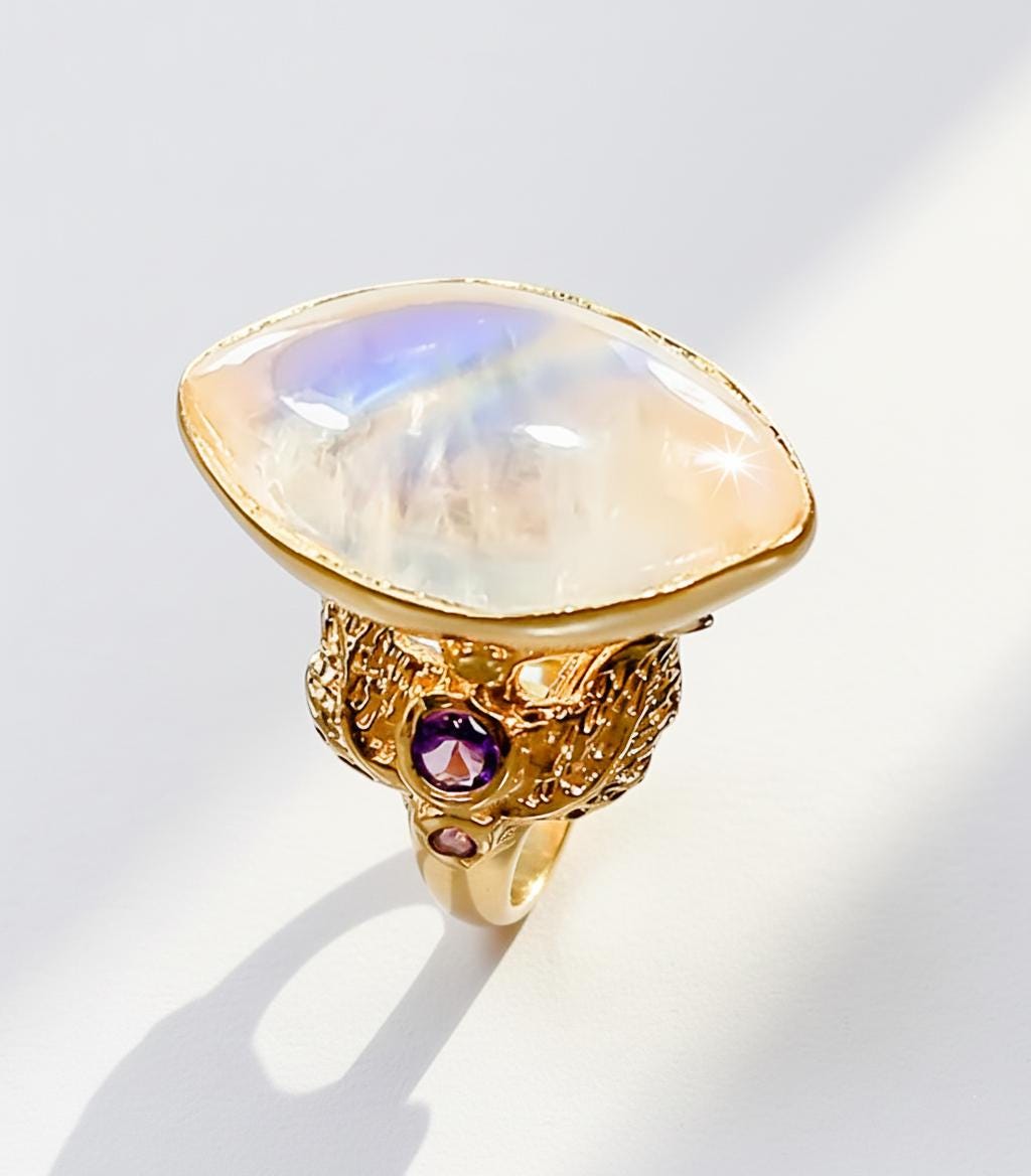 925 Sterling Silver Rainbow Moonstone Ring, setting detail