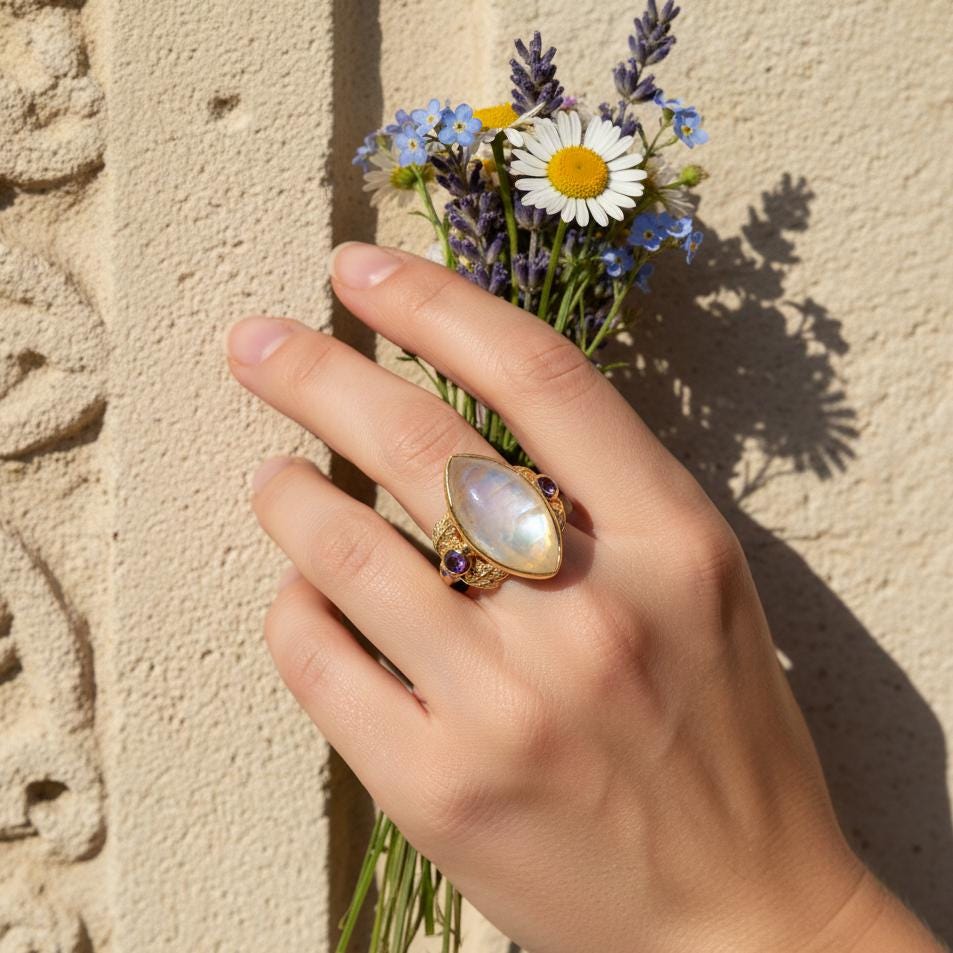 925 Sterling Silver Rainbow Moonstone Ring, worn look