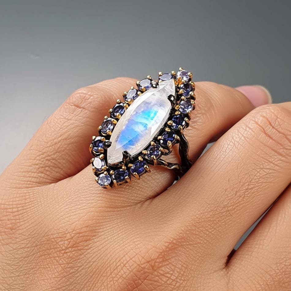 925 Sterling Silver Rainbow Moonstone Ring, worn on hand