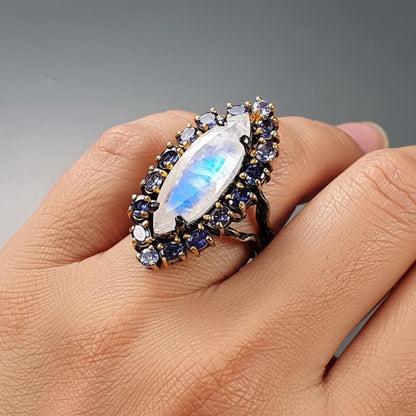 925 Sterling Silver Rainbow Moonstone Ring, worn on hand