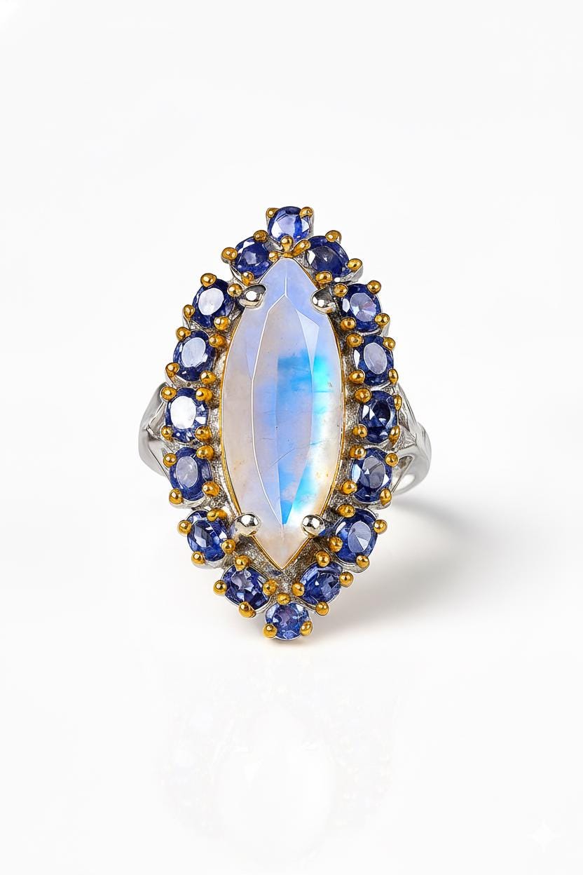 925 Sterling Silver Rainbow Moonstone Ring, band detail