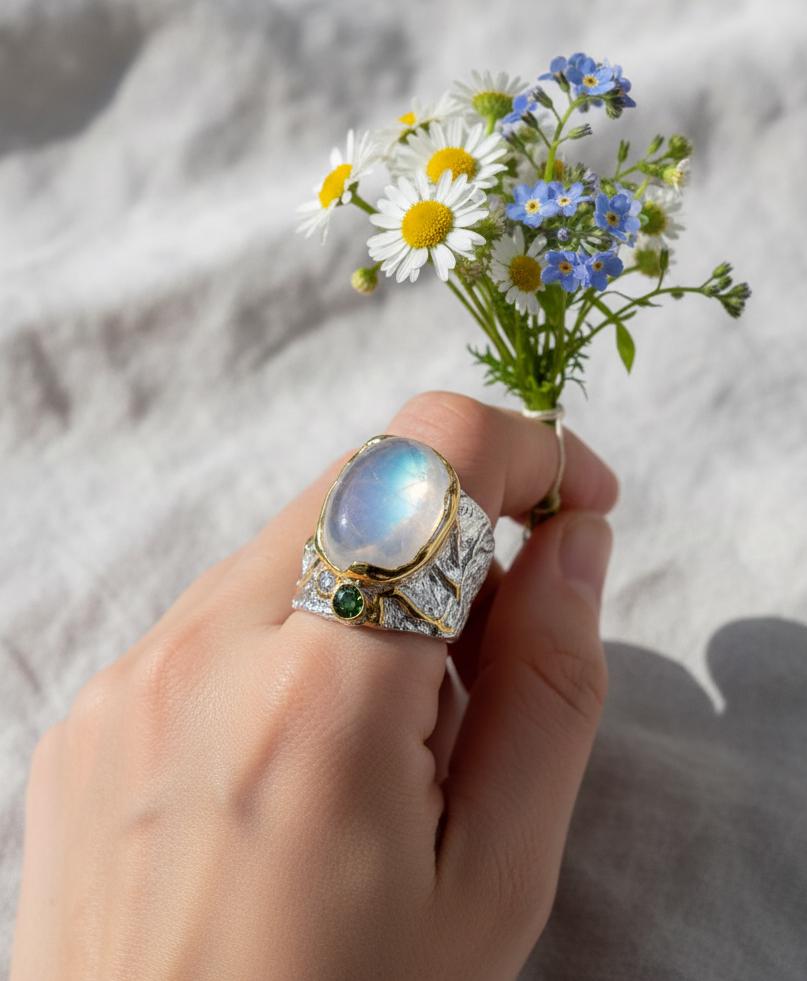 925 Sterling Silver Rainbow Moonstone Ring, alternate angle