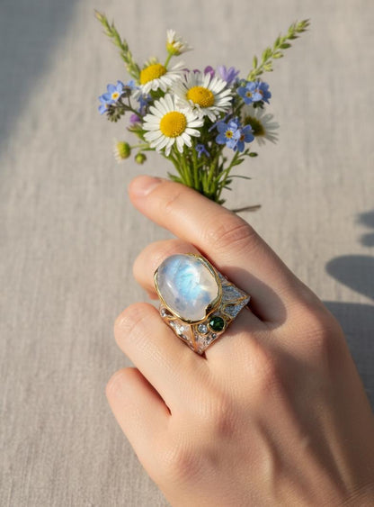 925 Sterling Silver Rainbow Moonstone Ring, close-up detail