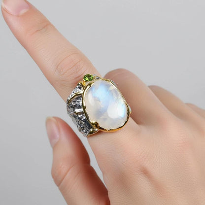 925 Sterling Silver Rainbow Moonstone Ring, setting detail