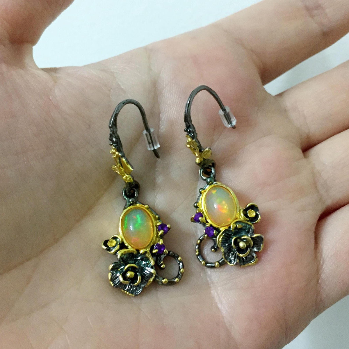 925 Sterling Silver Rainbow Opal Earrings, worn look