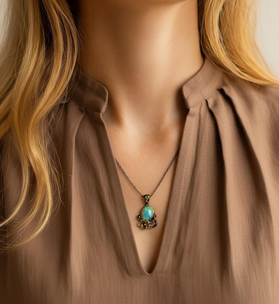 925 Sterling Silver Rainbow Opal Necklace, close-up detail