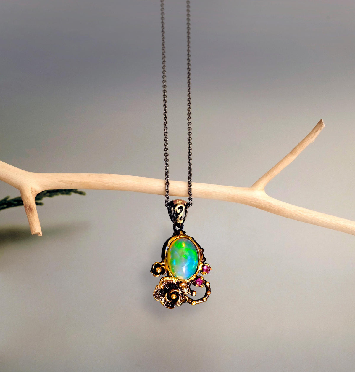 925 Sterling Silver Rainbow Opal Necklace, worn view