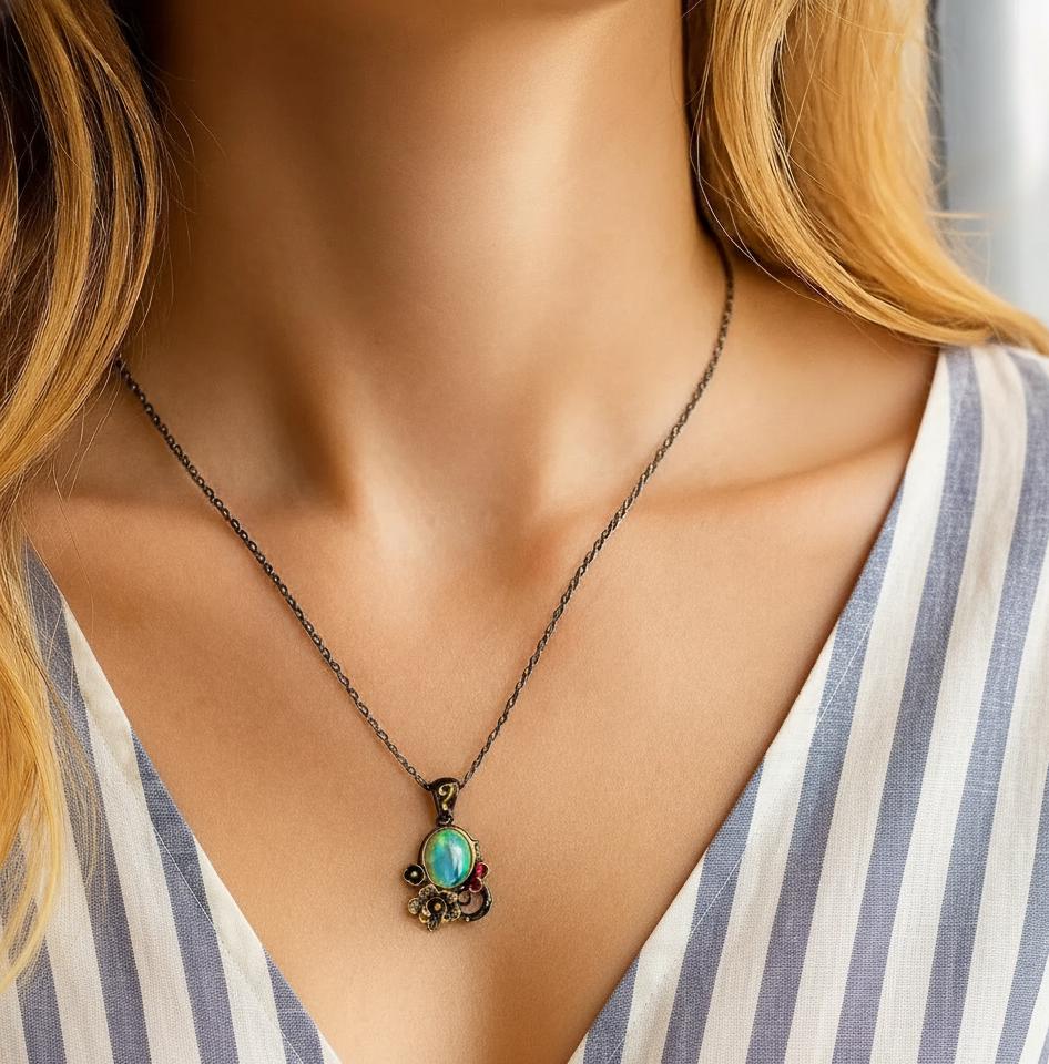 925 Sterling Silver Rainbow Opal Necklace, pendant detail
