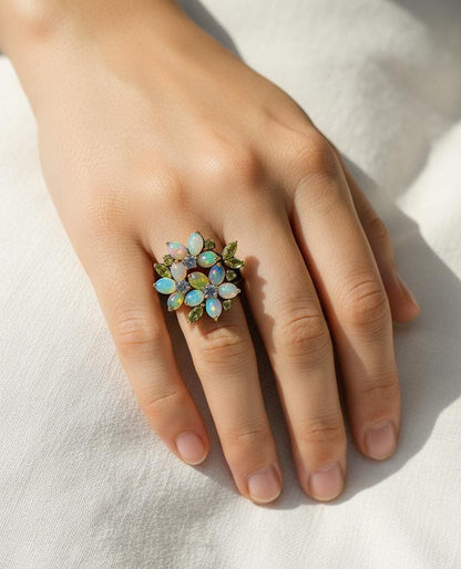 925 Sterling Silver Rainbow Opal Flower Ring, texture close-up