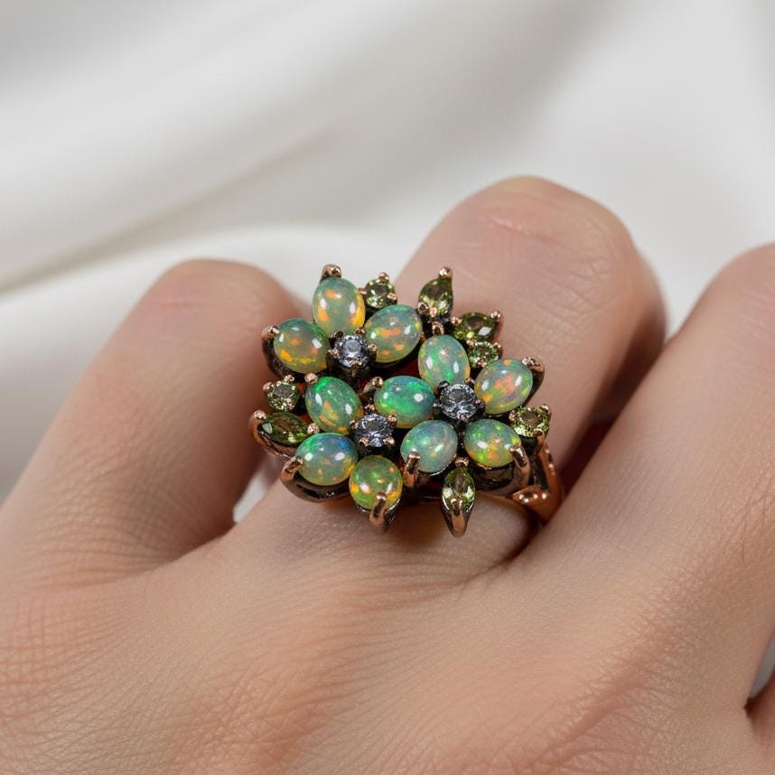 925 Sterling Silver Rainbow Opal Flower Ring, close-up detail, image 12