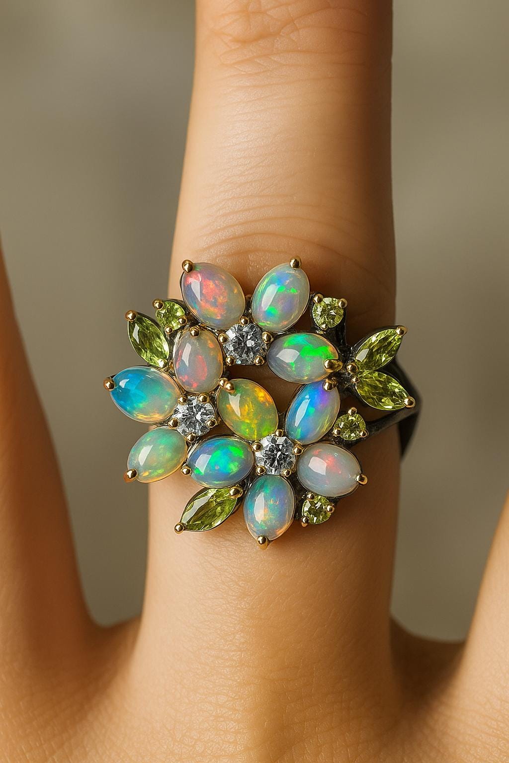 925 Sterling Silver Rainbow Opal Flower Ring, setting detail, image 15