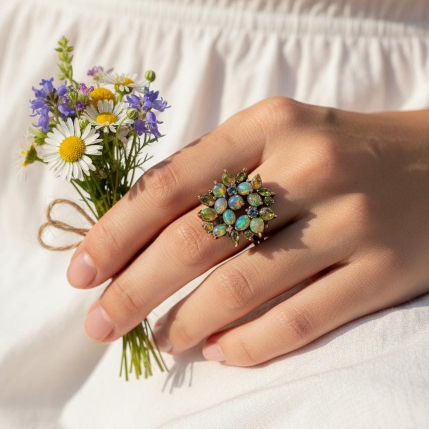 925 Sterling Silver Rainbow Opal Flower Ring, close-up detail