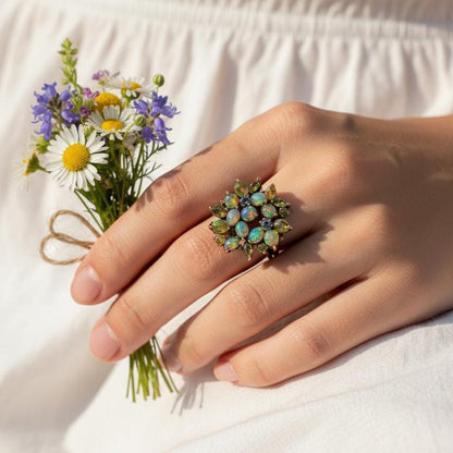 925 Sterling Silver Rainbow Opal Flower Ring, close-up detail