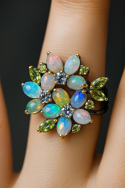 925 Sterling Silver Rainbow Opal Flower Ring, worn on hand